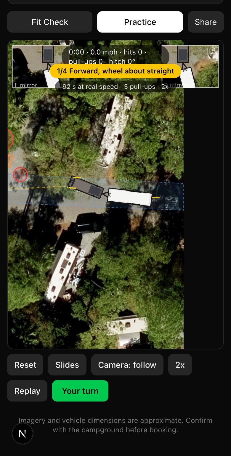 Practice mode at Fort Wilderness with the Show me how ghost pulling in and the caption Forward, wheel about straight